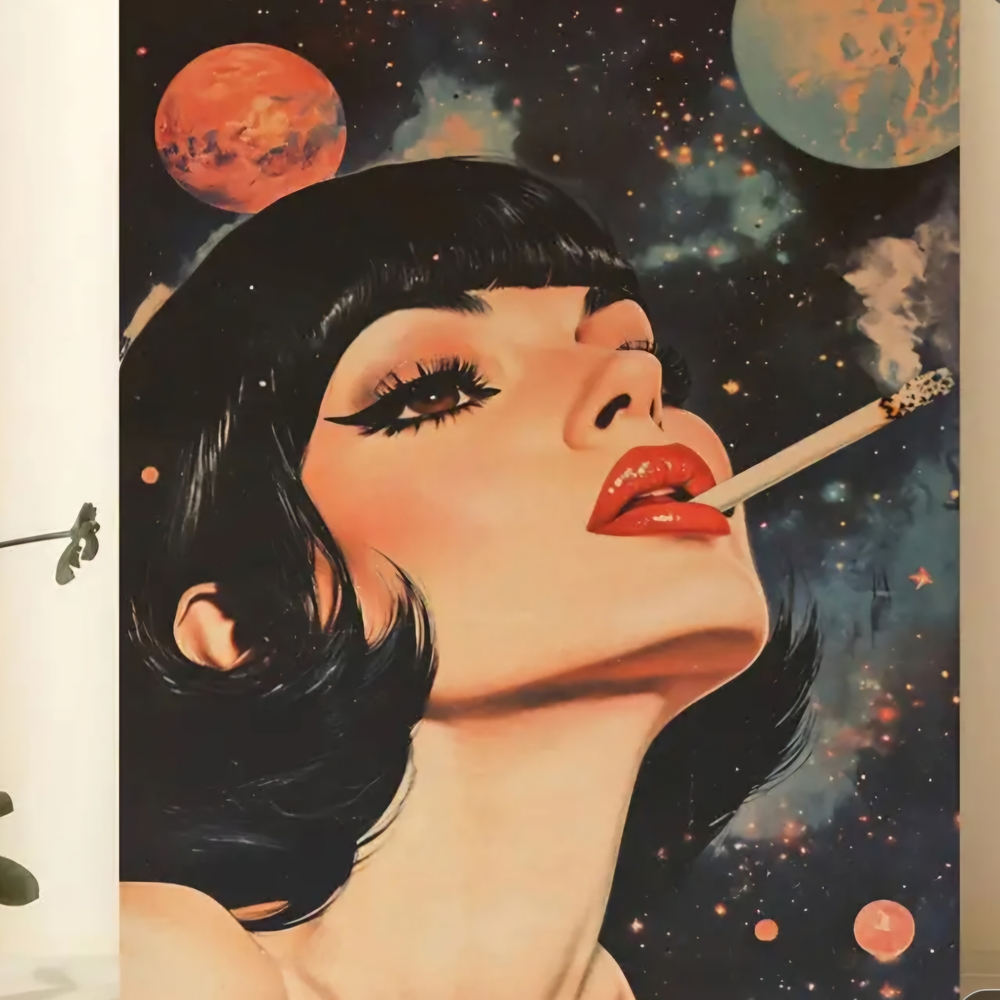 Retro Space Canvas Art Print with Black and Red Accents